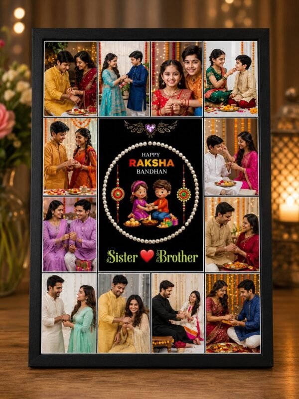 The Customizer.in Customizable Happy Raksha Bandhan Frame of 8*12 Inches with 12 photos option.