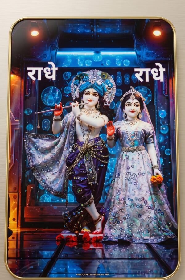 Illuminated Radha Krishna 'Radhe Radhe' Wall Frame in white attire & Blue Background – Premium Spiritual Gift for Home & Office